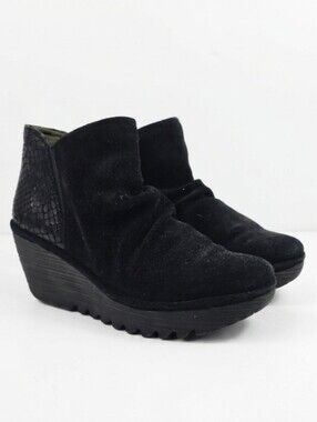 Fly London Yamy Black Suede Wedge Women's Ankle Boots Size EU 40- US 9